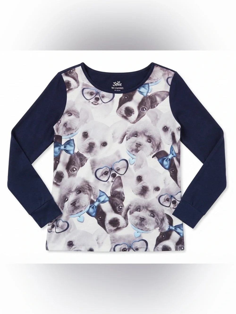 Justice Girls Cute Puppy Dog Graphic Print Long Sleeve Top Size 14 Navy Blue